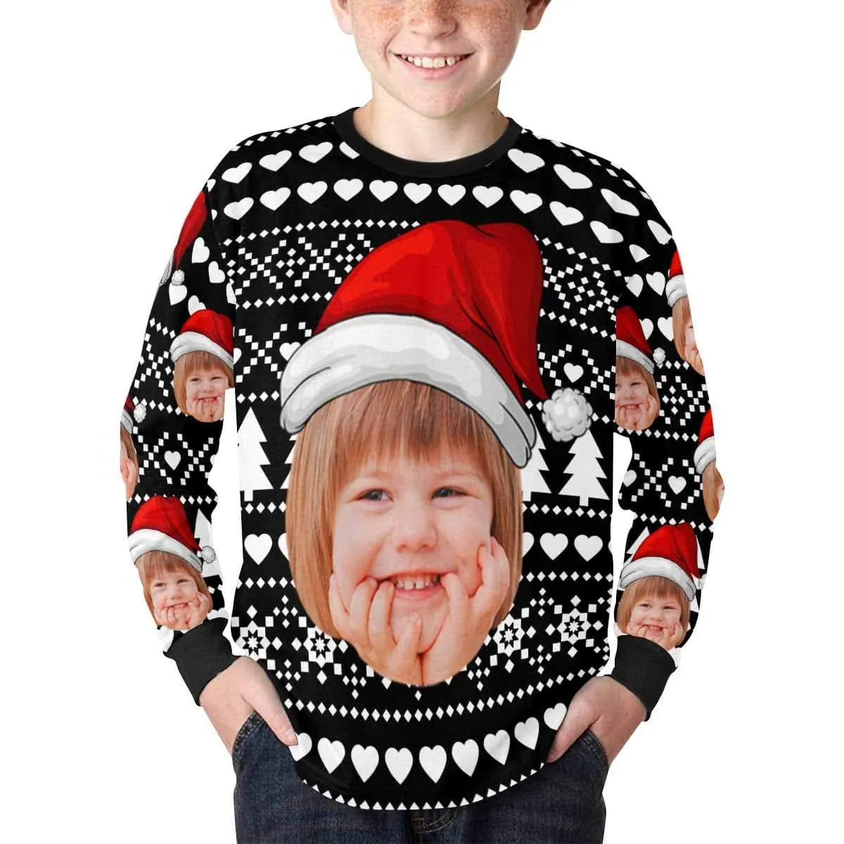 #7-16Y Custom Face Christmas Tree Kids' Rib Cuff Long Sleeve T-shirt