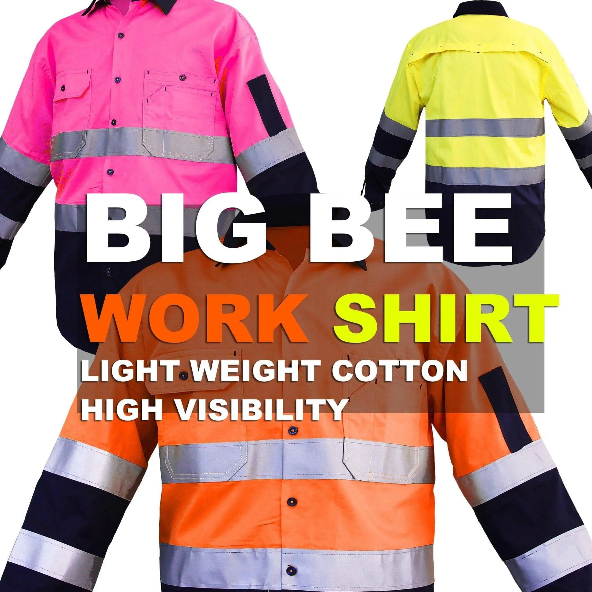 Big Bee Men's Hi Vis Shirts Reflective Tape, Light Weight Cotton