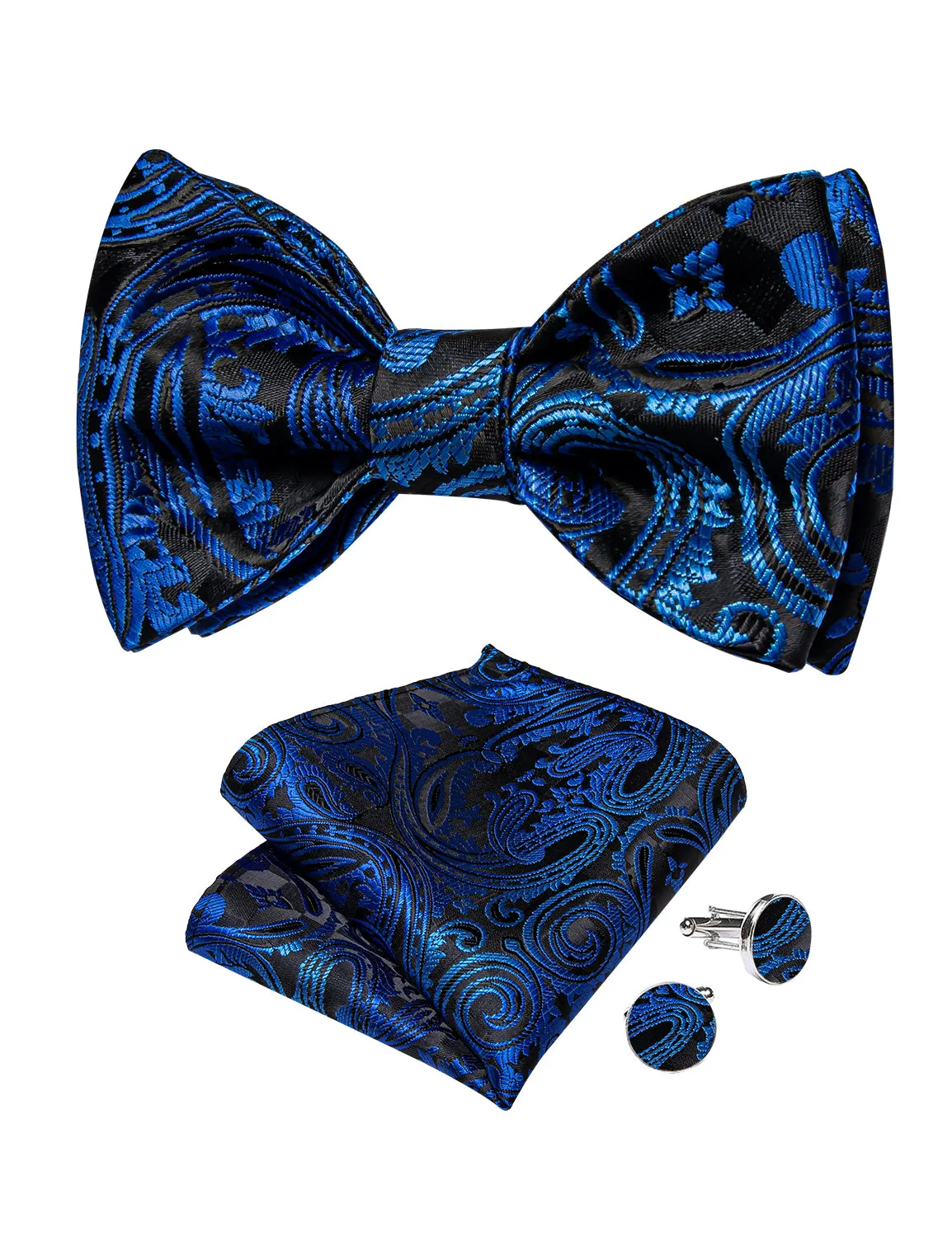 Black Blue Floral Silk Bowtie Pocket Square Cufflinks Set