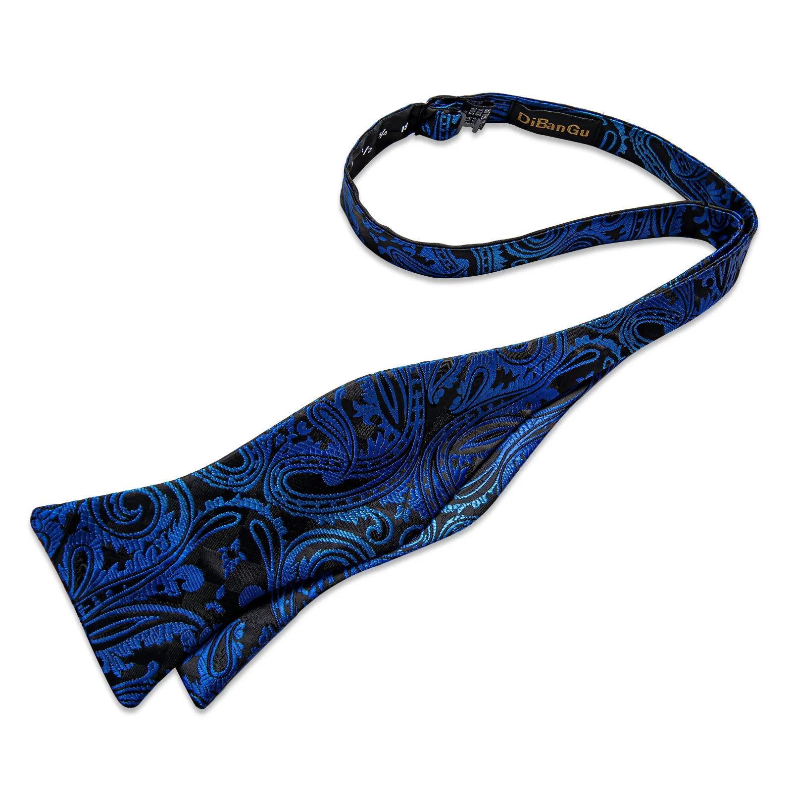 Black Blue Floral Silk Bowtie Pocket Square Cufflinks Set