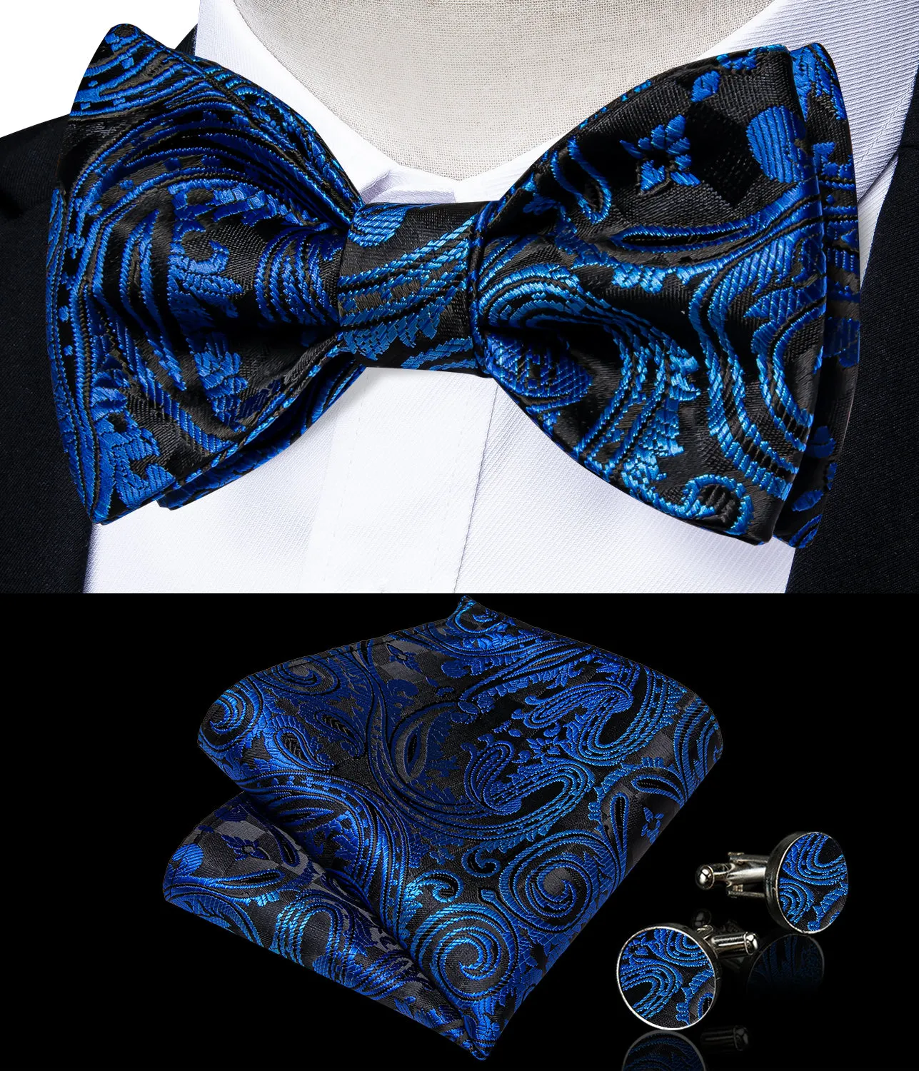 Black Blue Floral Silk Bowtie Pocket Square Cufflinks Set