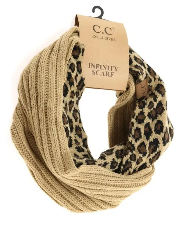 CC Beanie Ribbed Knit 2-Tone Leopard Print Infinity Scarf