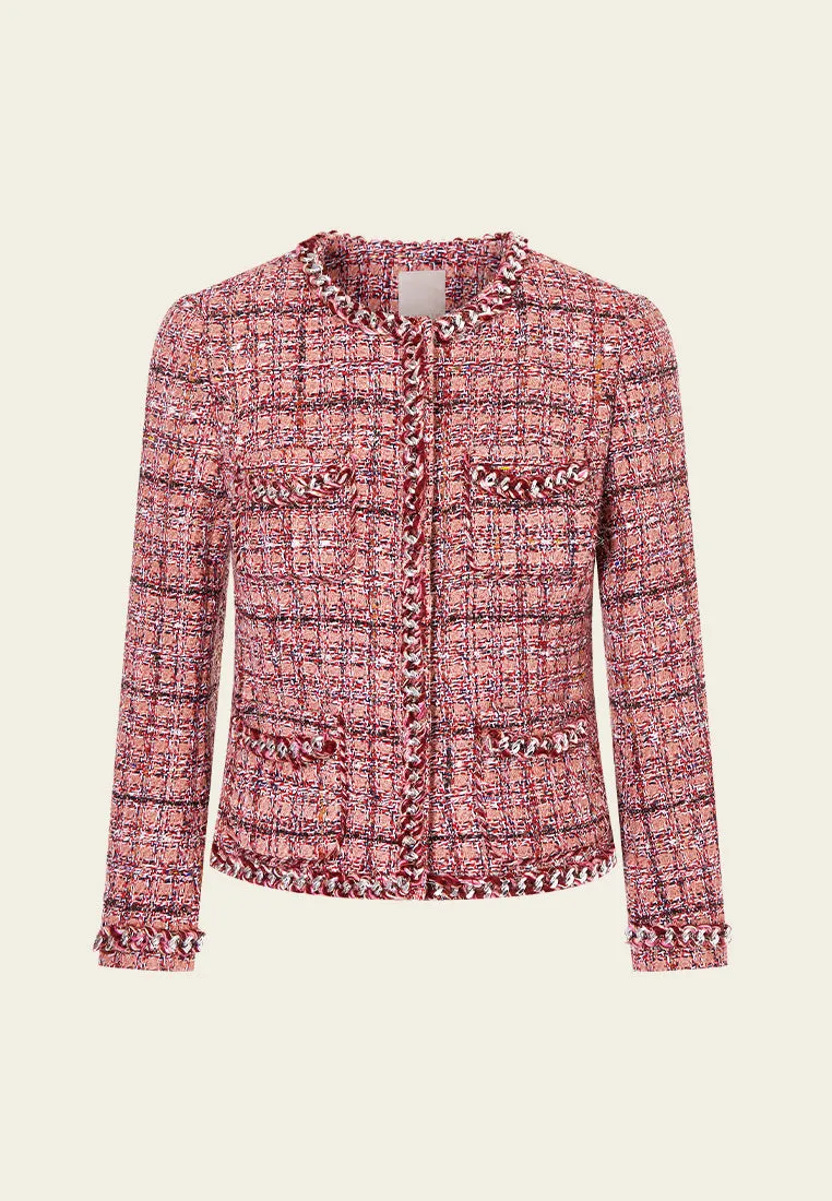 Checked Braid-trim Patch Pocket Tweed Jacket