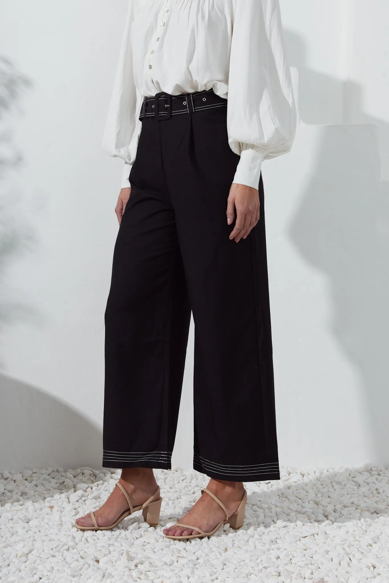 Drea Black Belted Wide Leg Pants