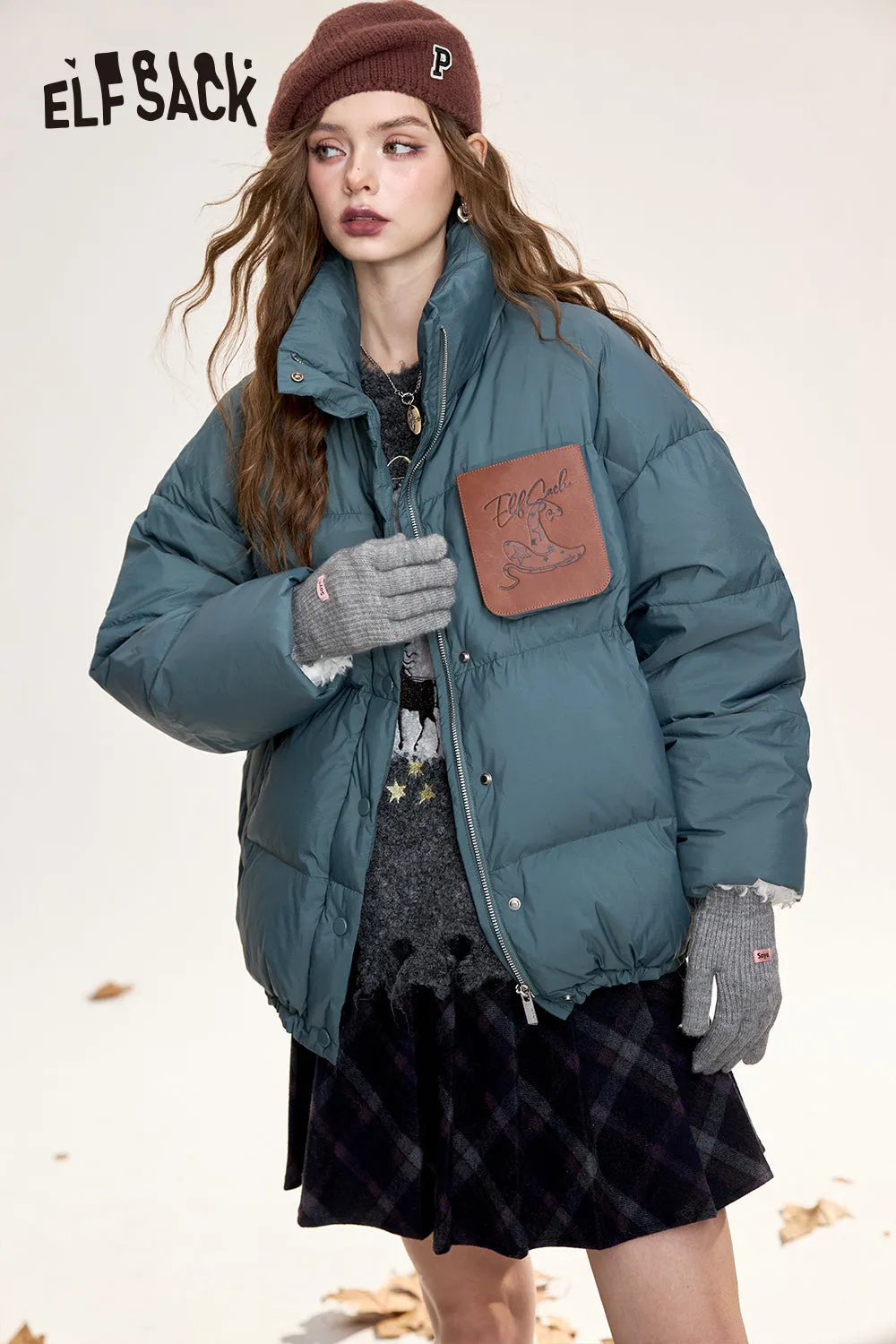 ELFSACK 2024 Winter New Arrivals Retro casual stand collar warm thick down jacket for women