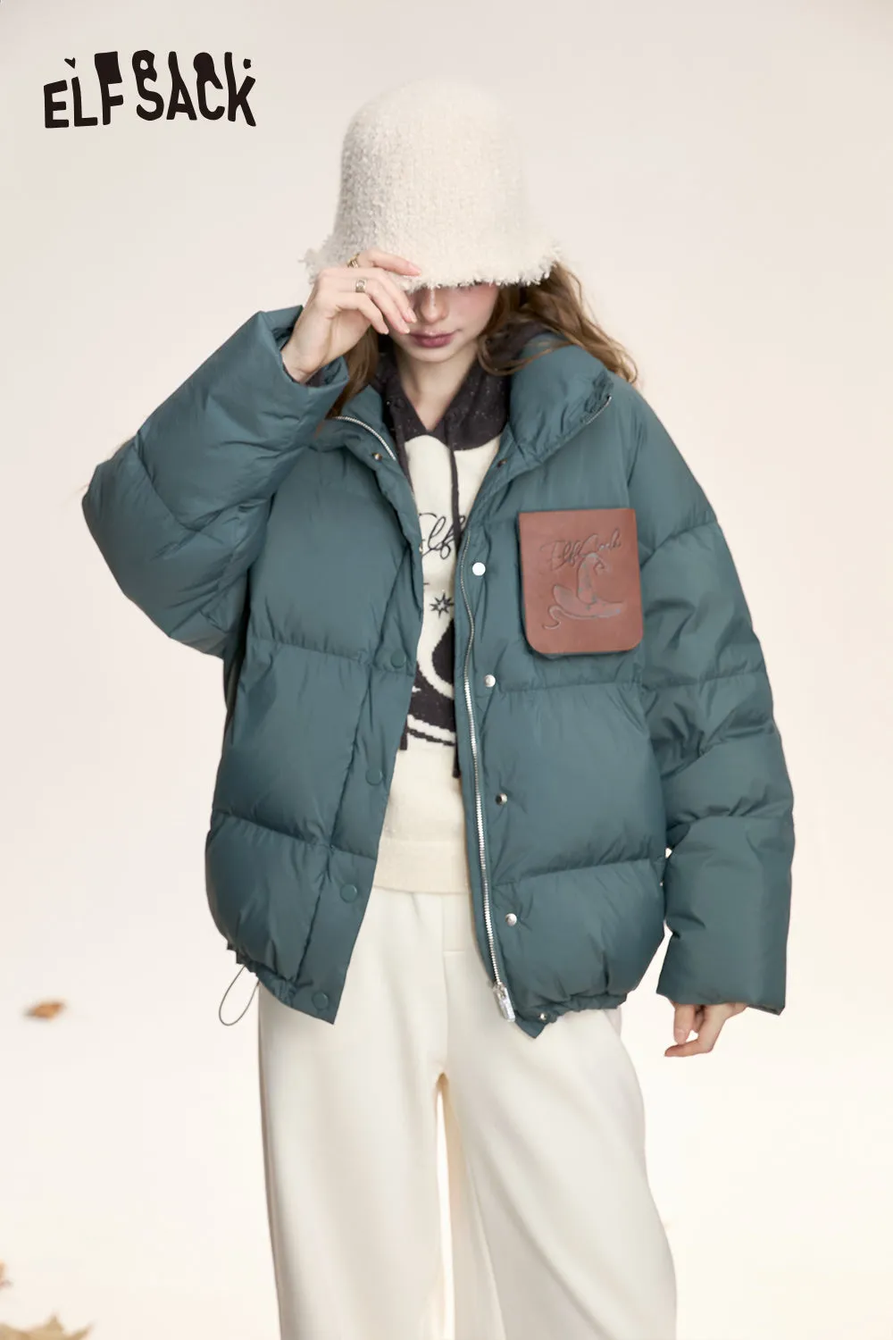 ELFSACK 2024 Winter New Arrivals Retro casual stand collar warm thick down jacket for women