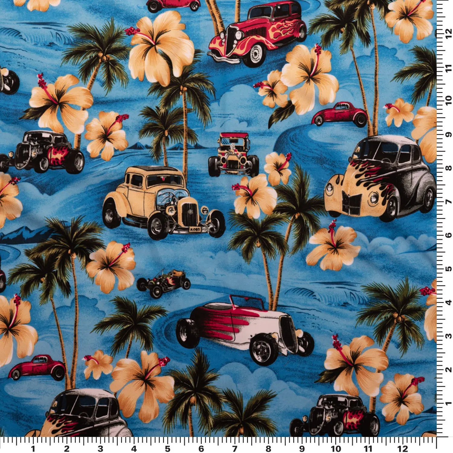 Hawaiian Hot Rods Printed Spandex Fabric | Blue Moon Fabrics