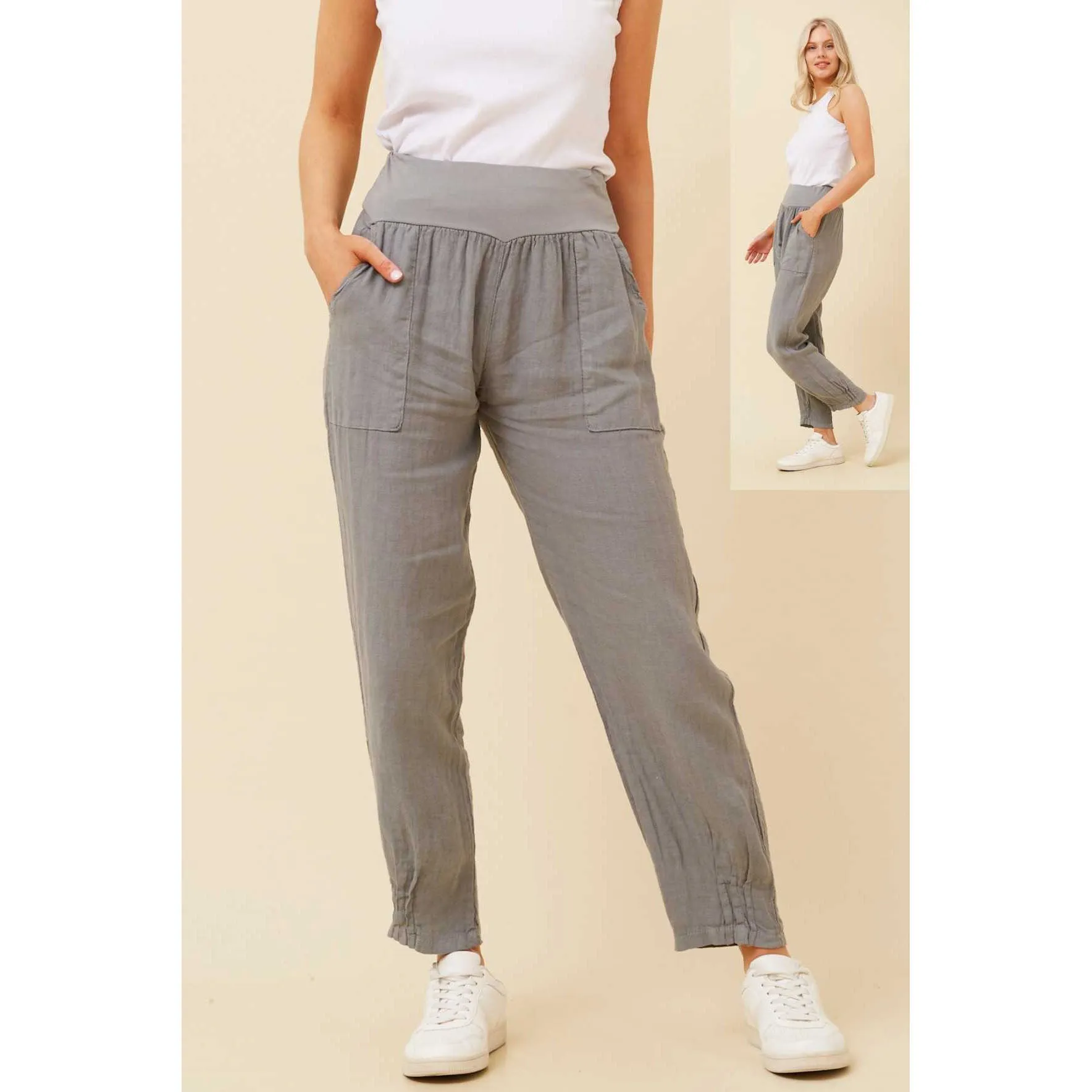 Linen Pull-On Pants - Smoke