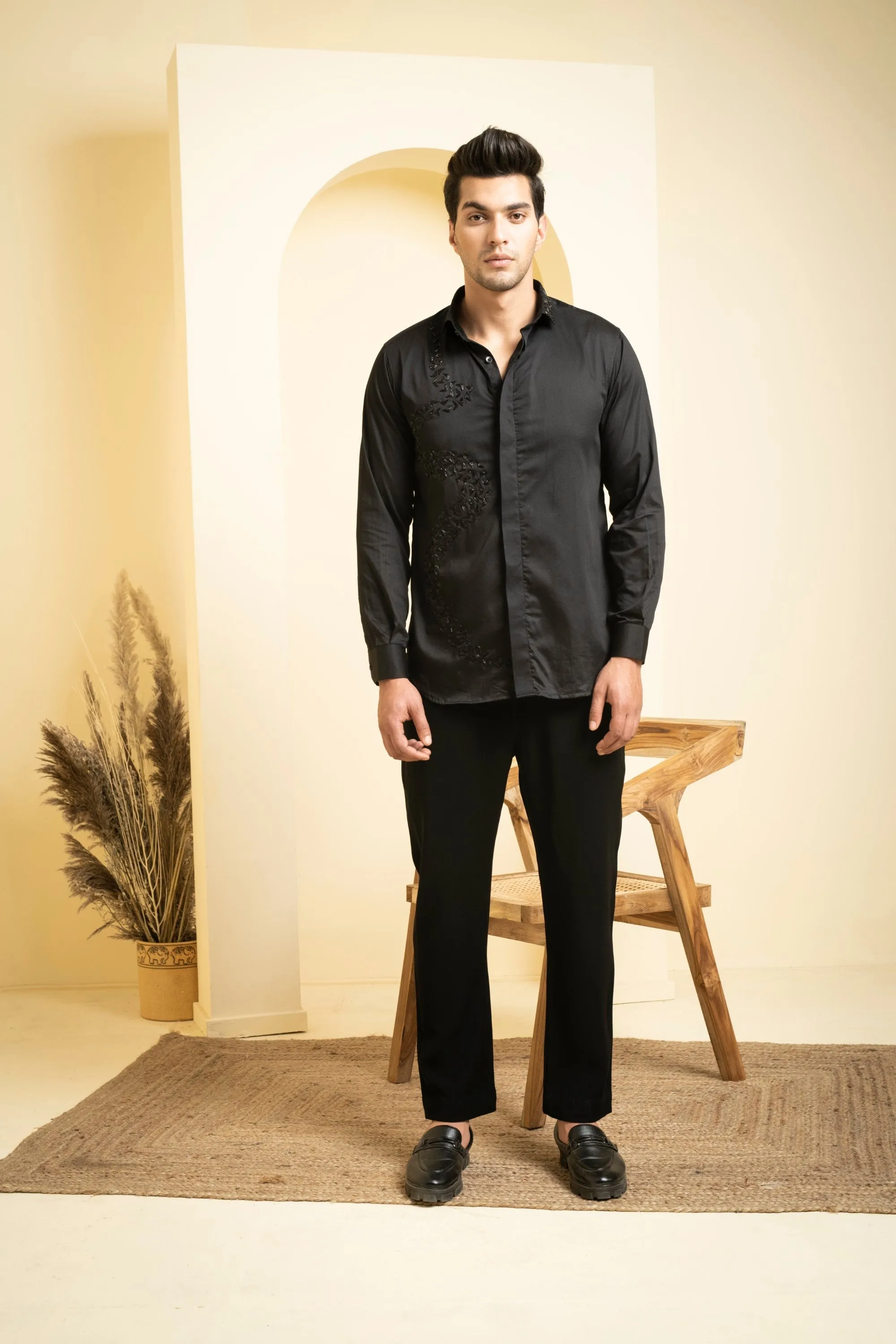 Men's Black Color Awel Full Sleeves Shirt - Hilo Design