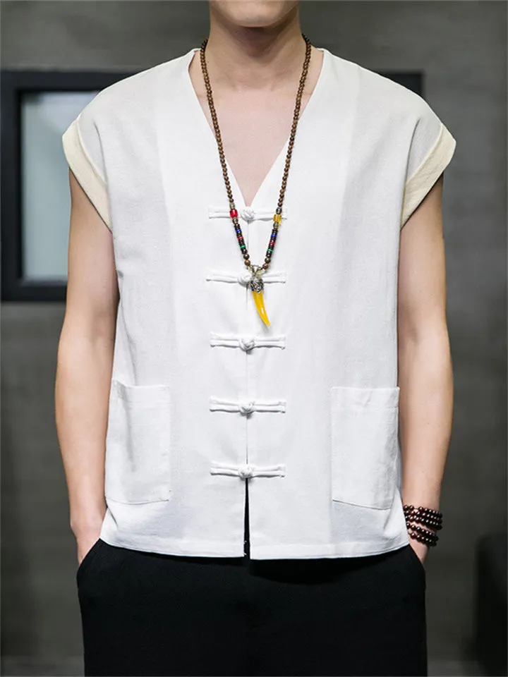 Men's Summer Cotton Linen Breathable Button Sleeveless Vest