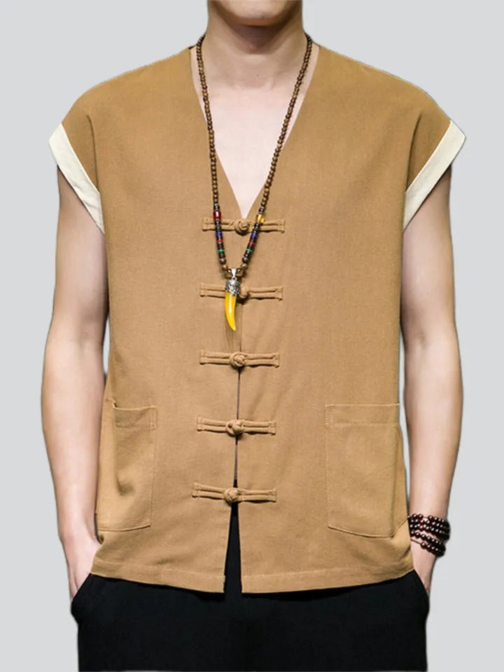 Men's Summer Cotton Linen Breathable Button Sleeveless Vest