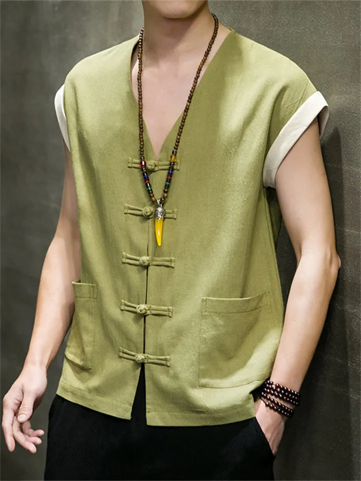 Men's Summer Cotton Linen Breathable Button Sleeveless Vest