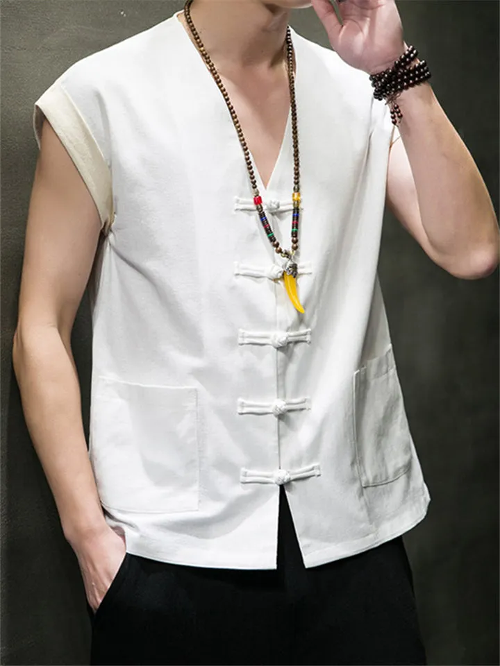 Men's Summer Cotton Linen Breathable Button Sleeveless Vest