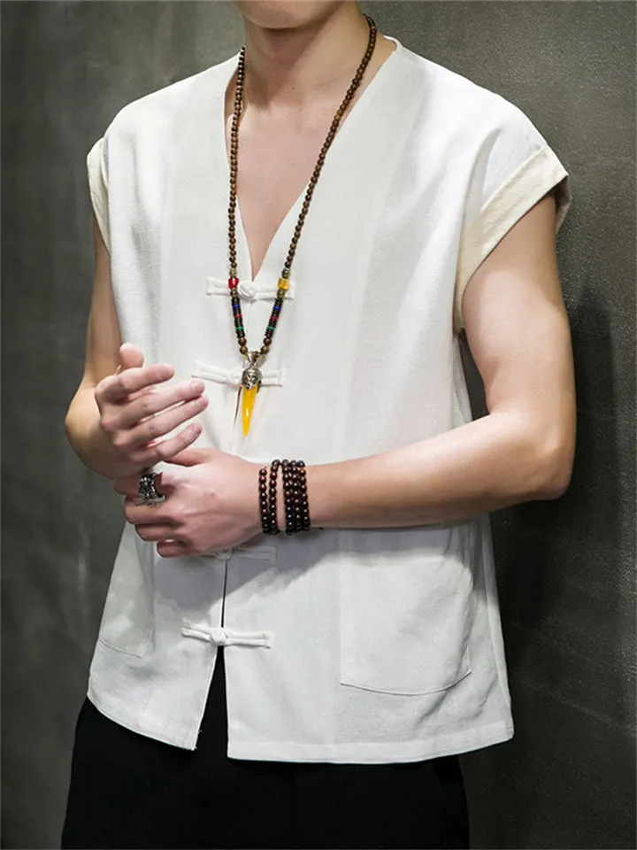 Men's Summer Cotton Linen Breathable Button Sleeveless Vest