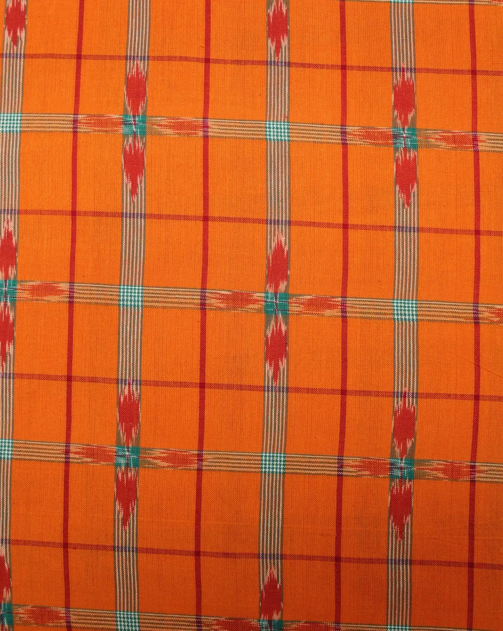 Orange And Multicolor Check Cotton Ikat Fabric