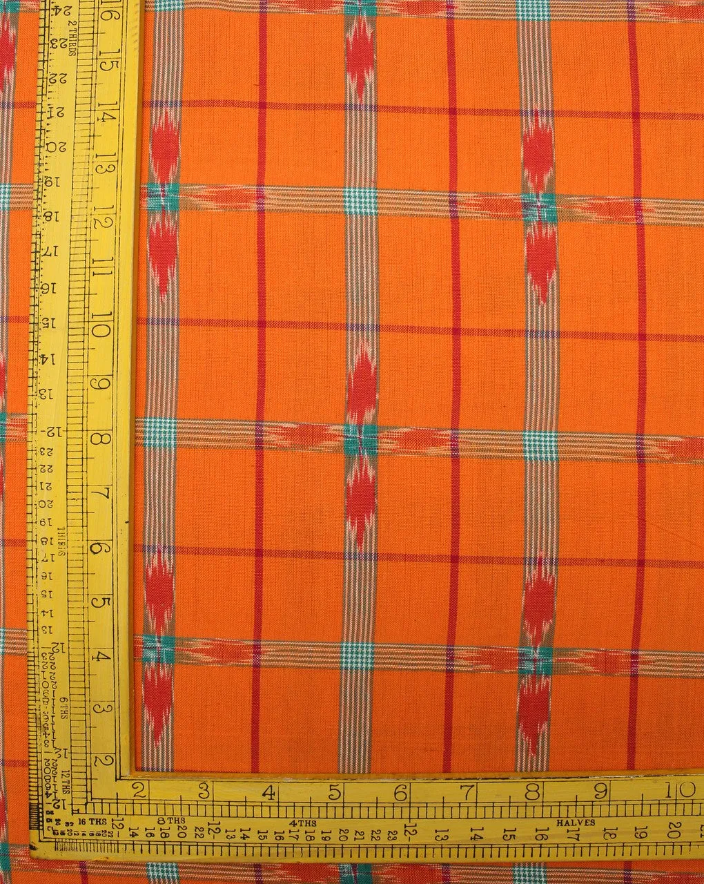 Orange And Multicolor Check Cotton Ikat Fabric