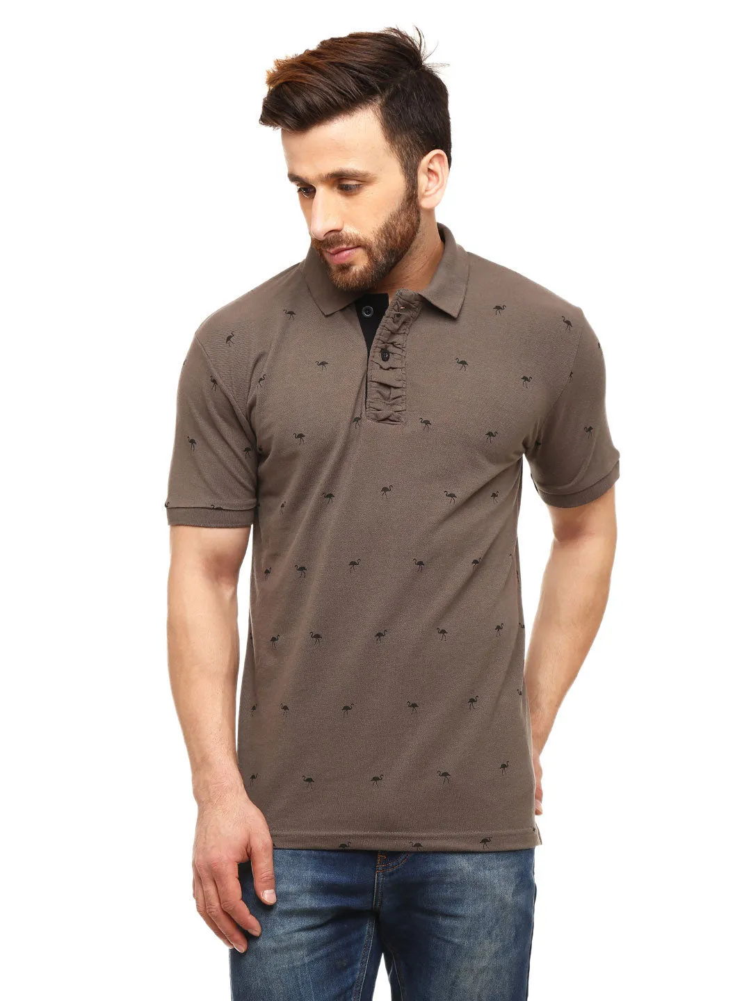 S Grey Printed polo T-Shirt