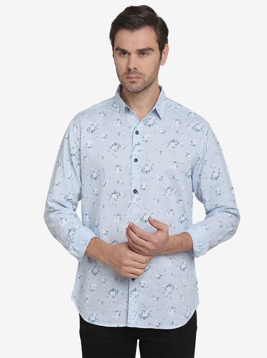 Sky Blue Printed Slim Fit Casual Shirt | Greenfibre