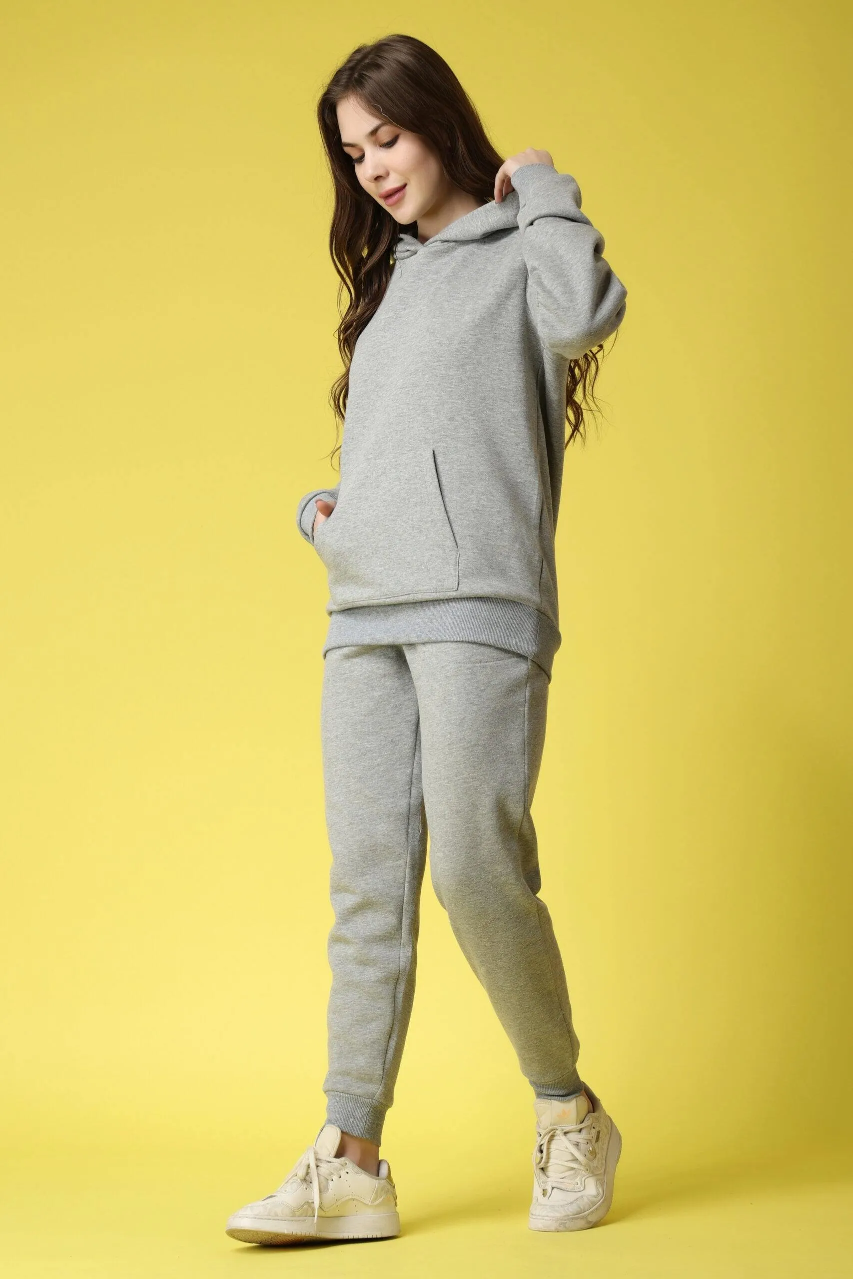 Solid Hoodie with Jogger Set-Grey