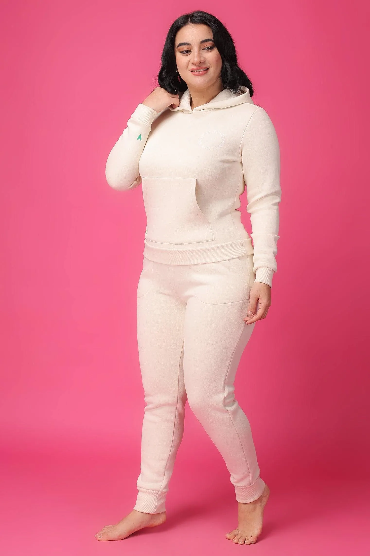 Solid Hoodie with Jogger Set-Ivory