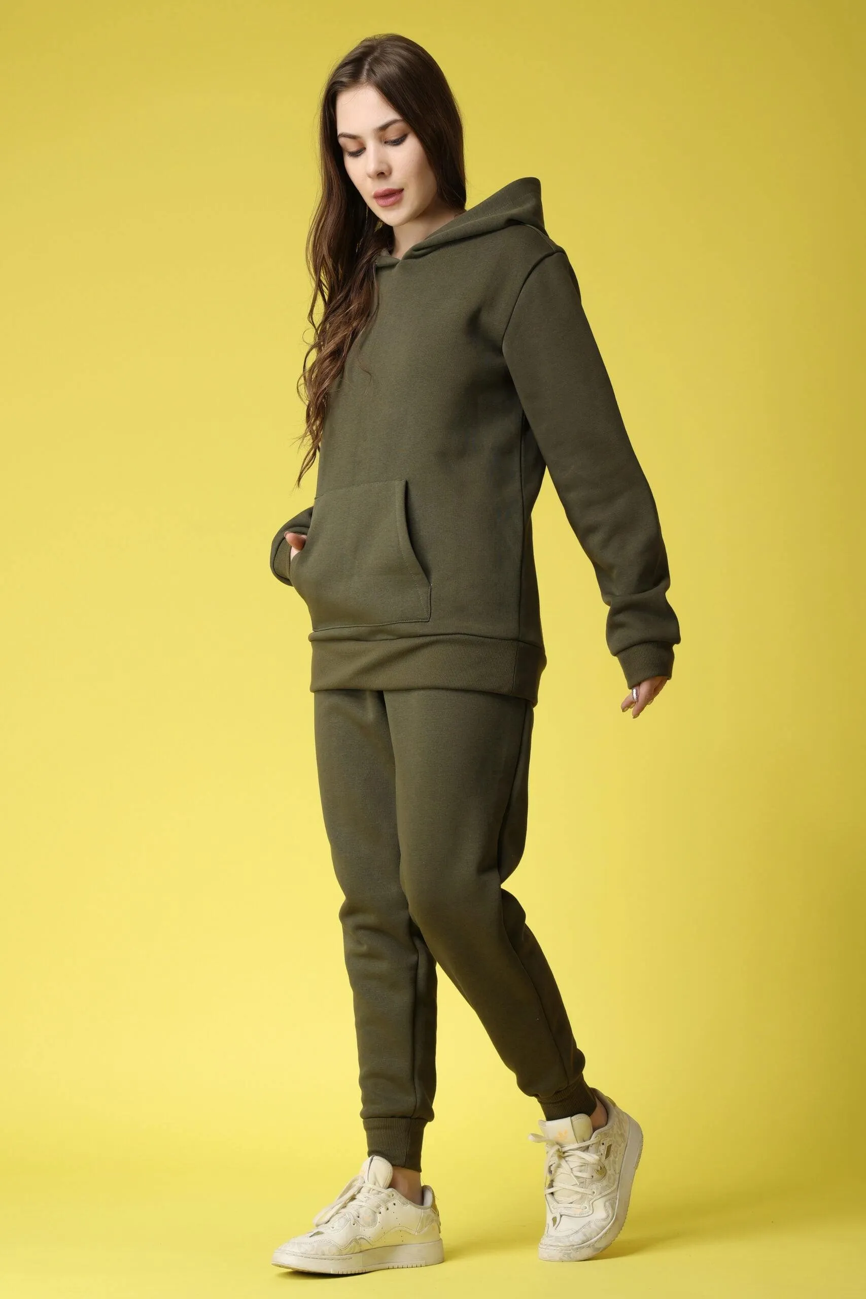 Solid Hoodie with Jogger Set-Olive Green