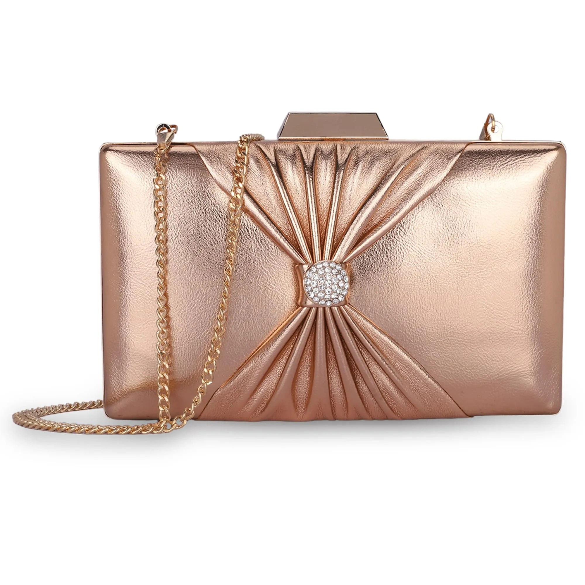 THE CLOWNFISH Ritzy Collection Faux Leather Womens Party Clutch Ladies Wallet with Chain Strap Evening Bag with Fashionable Button Closure (Peach)