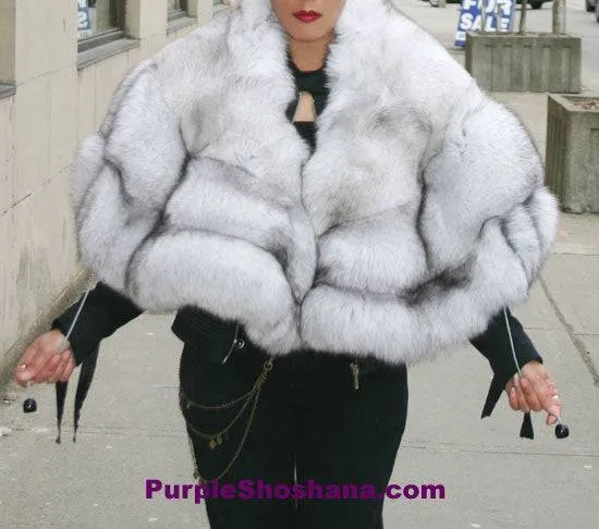 Unique Plush Solid Silver Canadian Blue Fox Fur Coat - Detachable Cape M/L