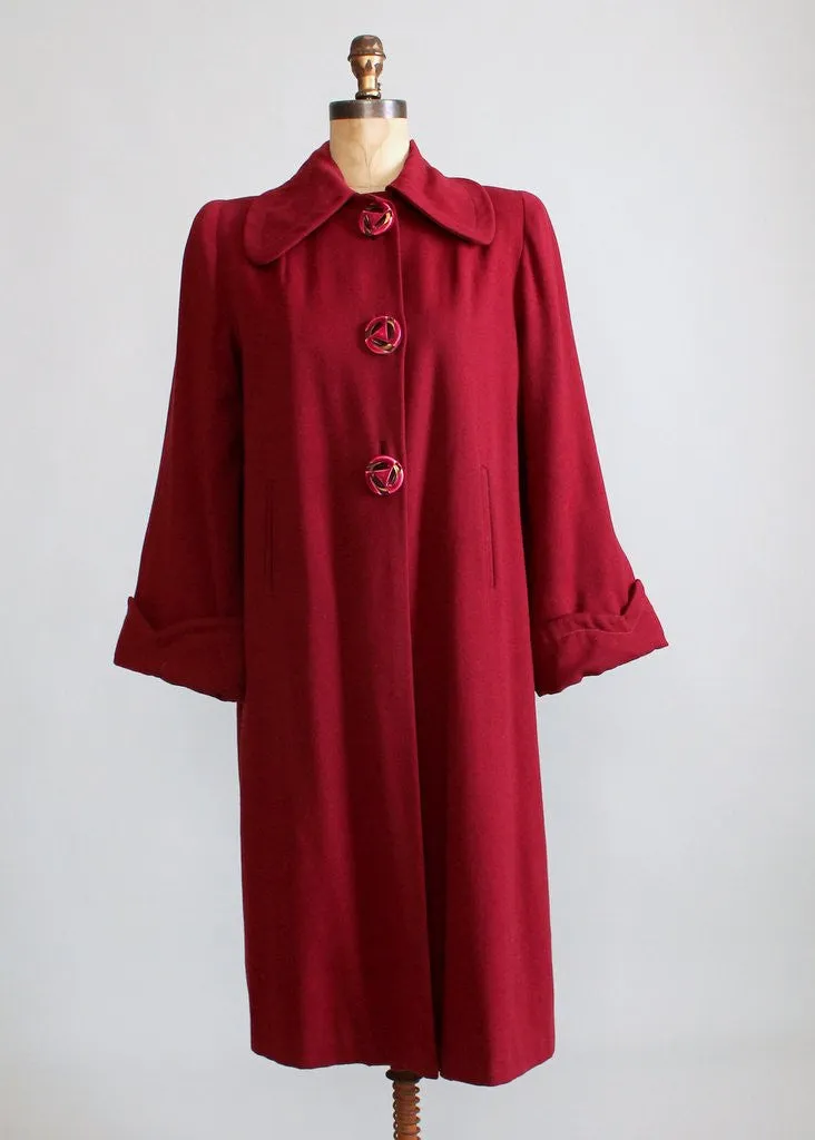 Vintage 1940s Cranberry Wool Swing Coat