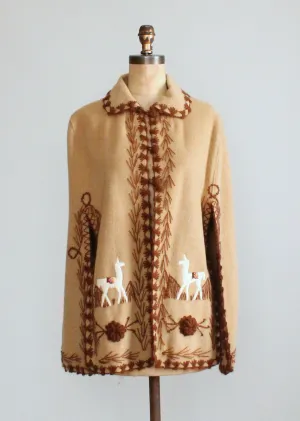 Vintage 1970s Embroidered Wool Cape with Llamas