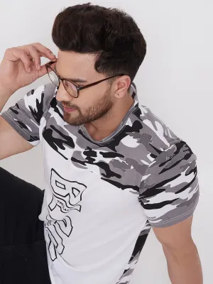 White/Army Camo Print Men's Half Sleeves Round Neck T-Shirt