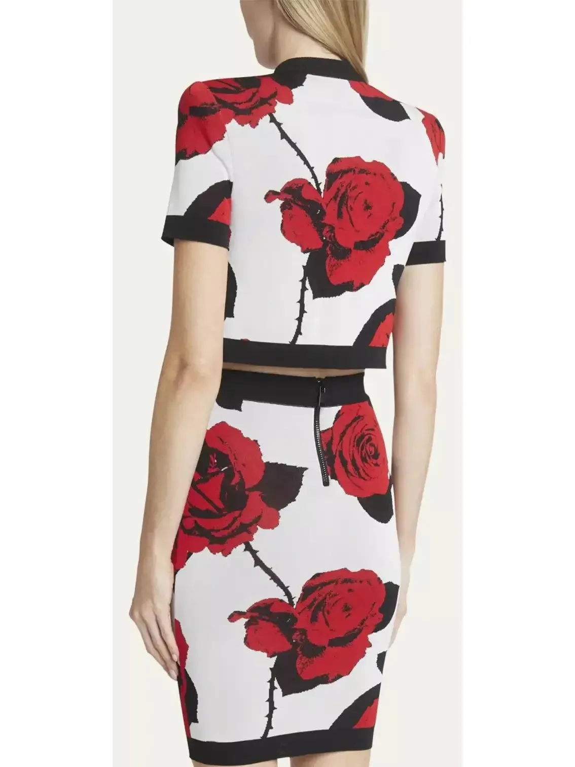 Women’s Cropped Rose Print Rose-Button Cardigan and Skirt Set