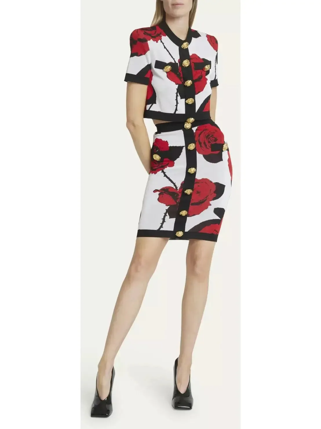 Women’s Cropped Rose Print Rose-Button Cardigan and Skirt Set