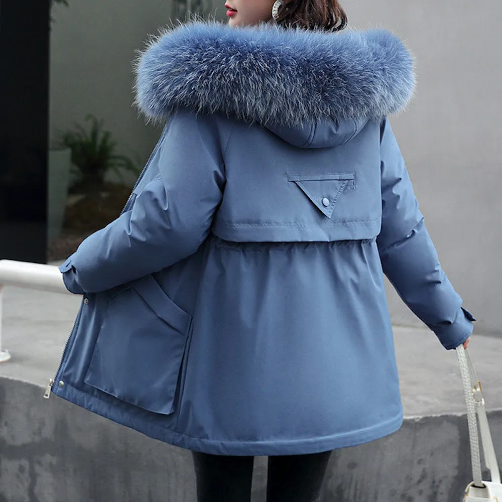 Womens Mid Length Drawstring Waist Jacket with Furry Hood