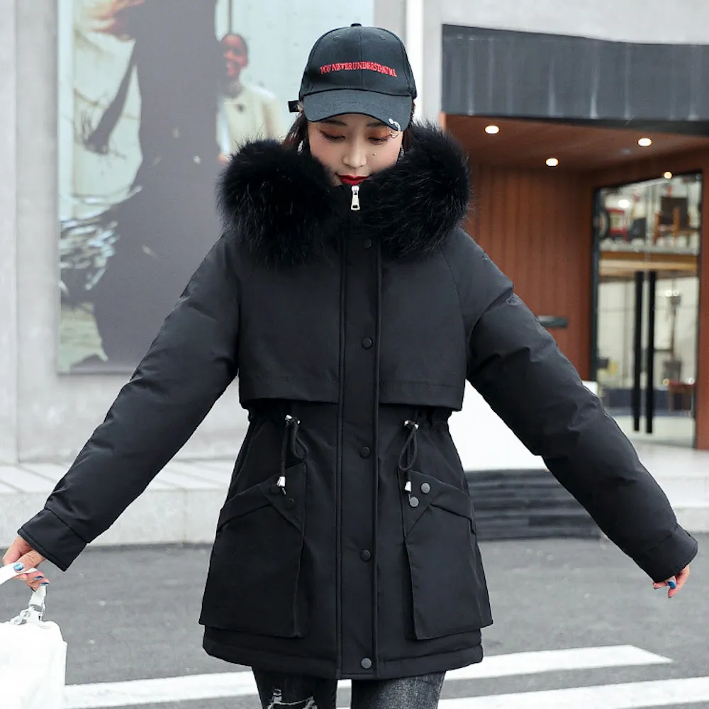 Womens Mid Length Drawstring Waist Jacket with Furry Hood