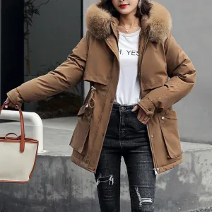 Womens Mid Length Drawstring Waist Jacket with Furry Hood