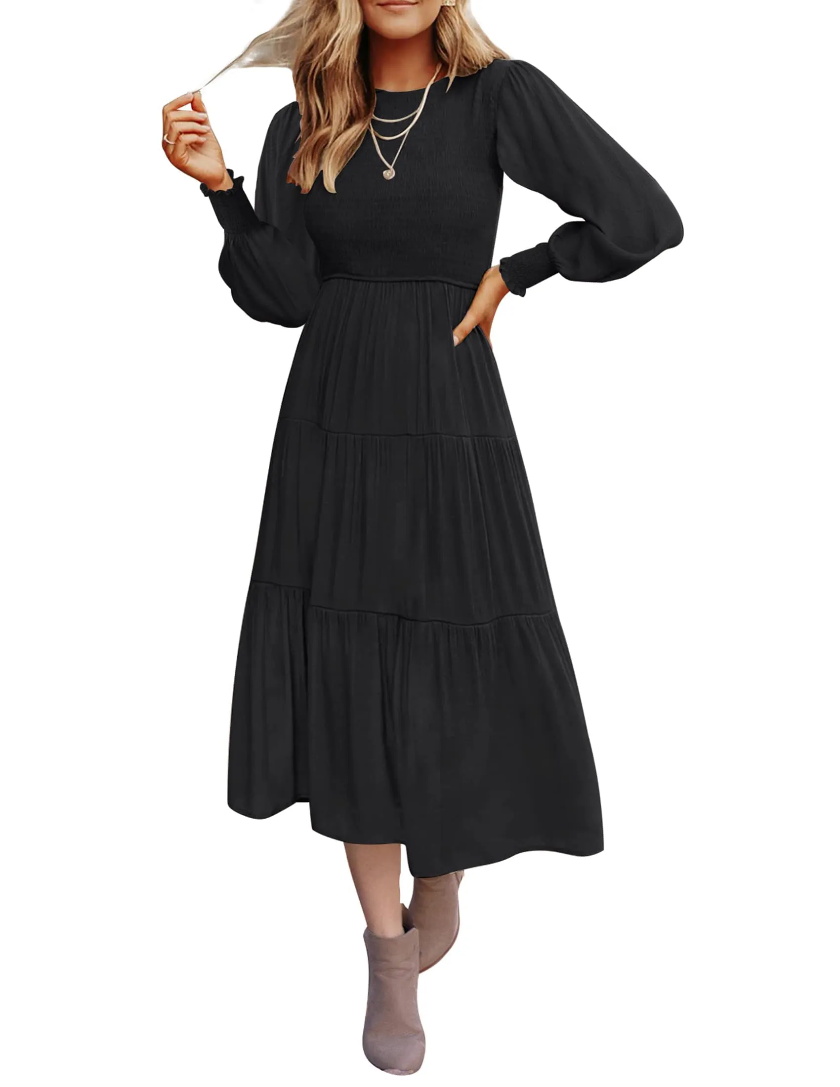 ZESICA High Waist Smocked Flowy Tiered Midi Dress