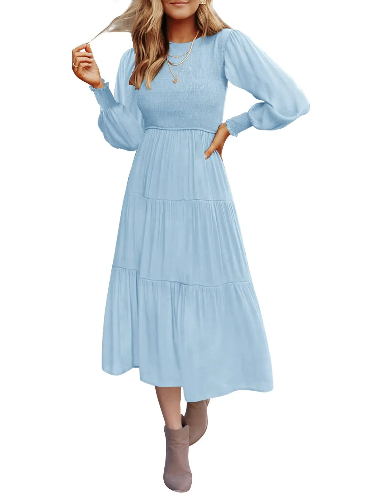 ZESICA High Waist Smocked Flowy Tiered Midi Dress